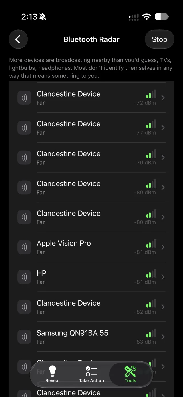 The Bluetooth Radar tool listing nearby devices with their signal strength.