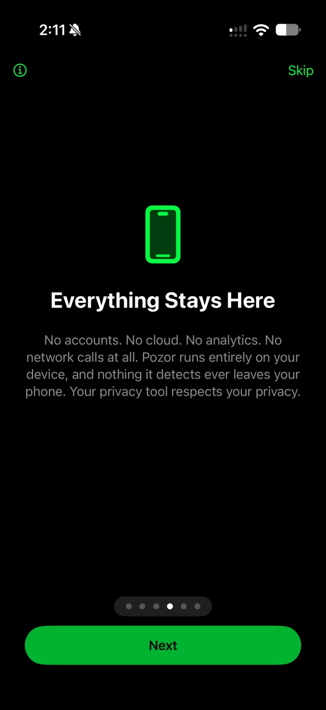 A screen titled Everything Stays Here: no accounts, no cloud, no analytics, no network calls.
