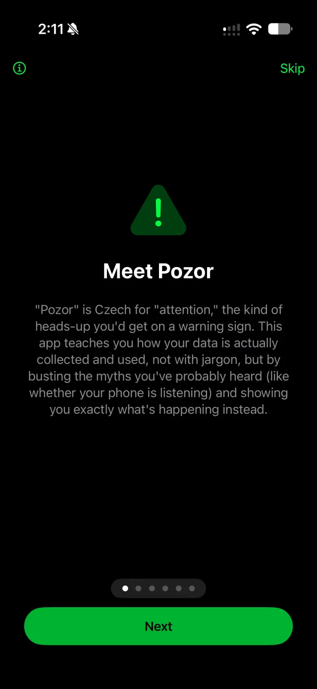 Pozor's welcome screen, titled Meet Pozor, explaining that Pozor is Czech for attention.