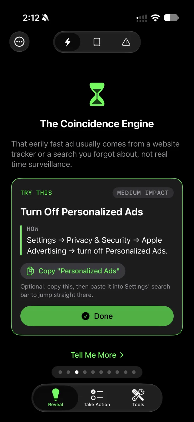 The Reveal tab showing The Coincidence Engine lesson, with a Try This step to turn off Personalized Ads.