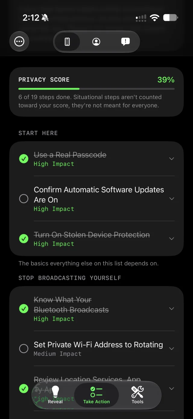 The Take Action tab showing a privacy score of 39 percent and a checklist that starts with using a real passcode.
